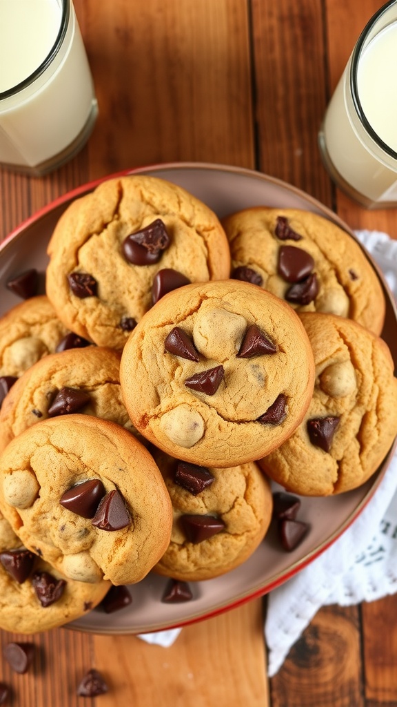 A plate of warm chocolate chip cookies with chocolate chips melting, set on a rustic wooden table with a glass of milk.